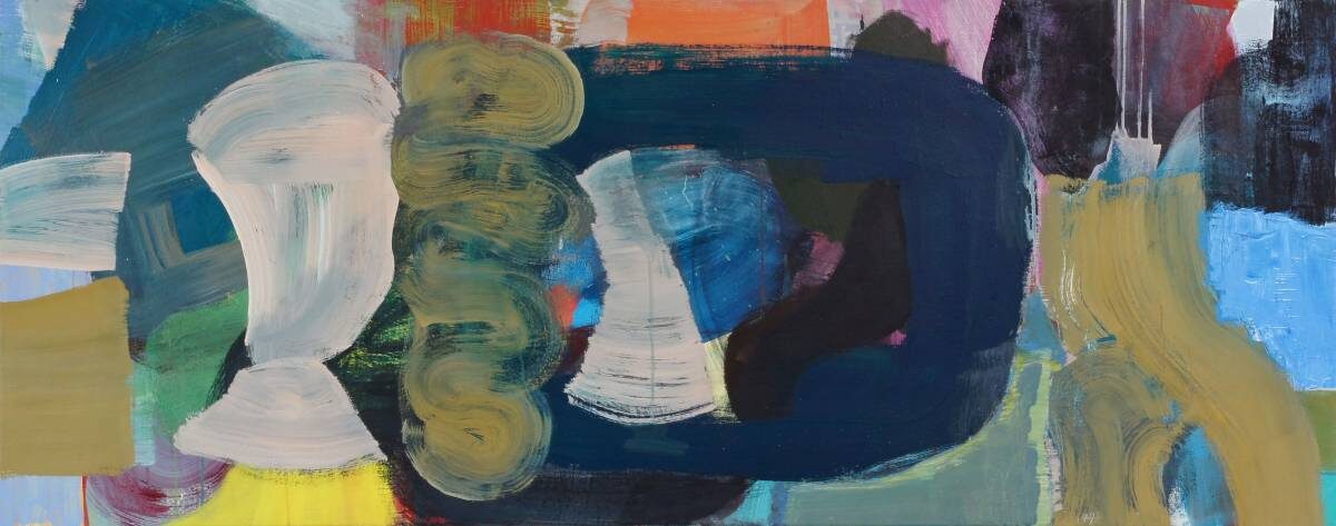 Gemälde von Christine Gläser: gelb orange blau, 2011, Eitempera auf Baumwolle, 60x150 cm