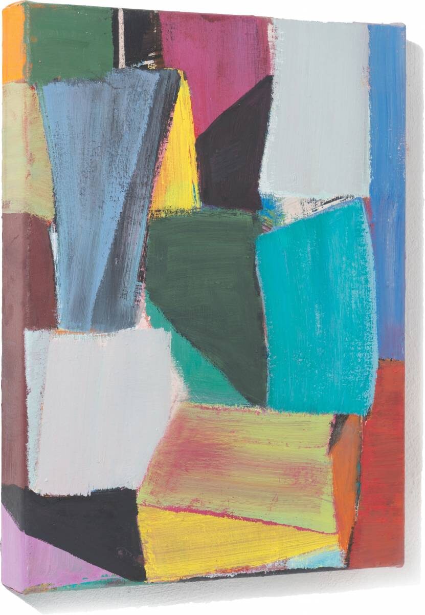 Gemälde von Christine Gläser: Blauer Keil, 2016, Eitempera auf Baumwolle, 40x30x4,5 cm