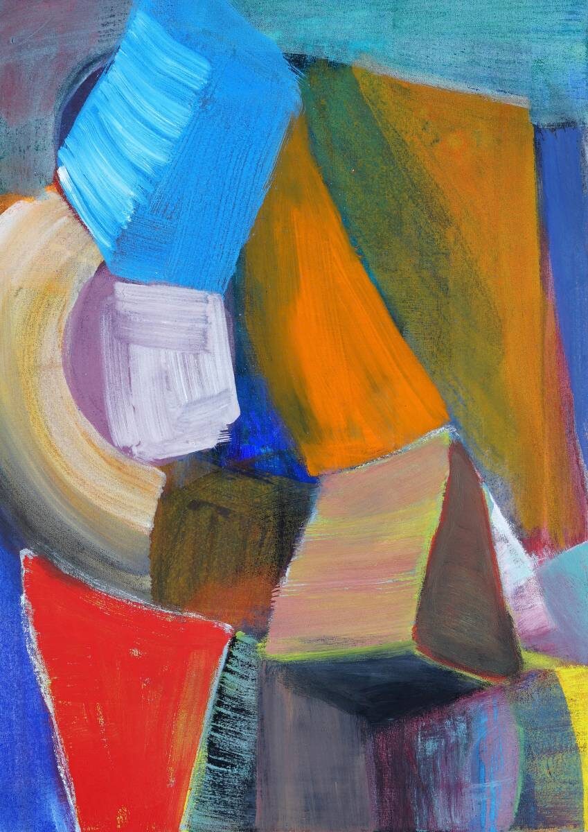 Gemälde von Christine Gläser: Blauer Kubus, 2017, Eitempera auf Baumwolle, 70×50cm