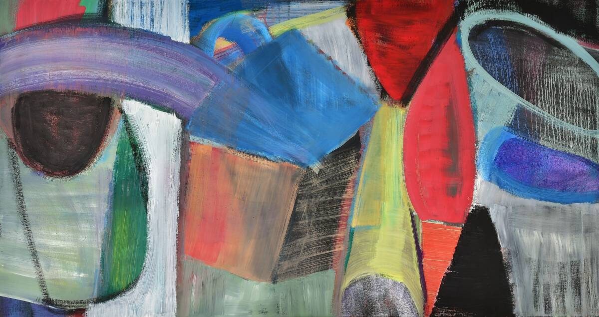 Gemälde von Christine Gläser: beatbox, 2016 - 17, Eitempera auf Baumwolle, 80 x 150 cm